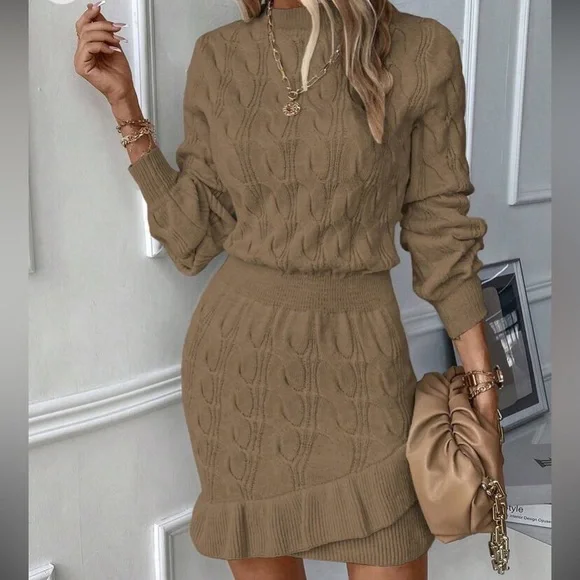 Cozy coffee brown ruffle hem cable knit sweater dress - Picture 3 of 16